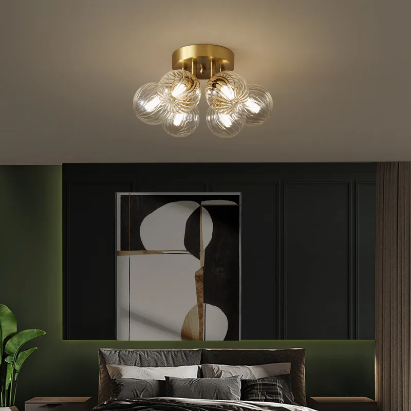 Nordic Ceiling Glass Ceiling Lamp for Bedroom Livingroom Indoor Lighting Round Corrugated Lamp Shade Gold Room Light Fixture