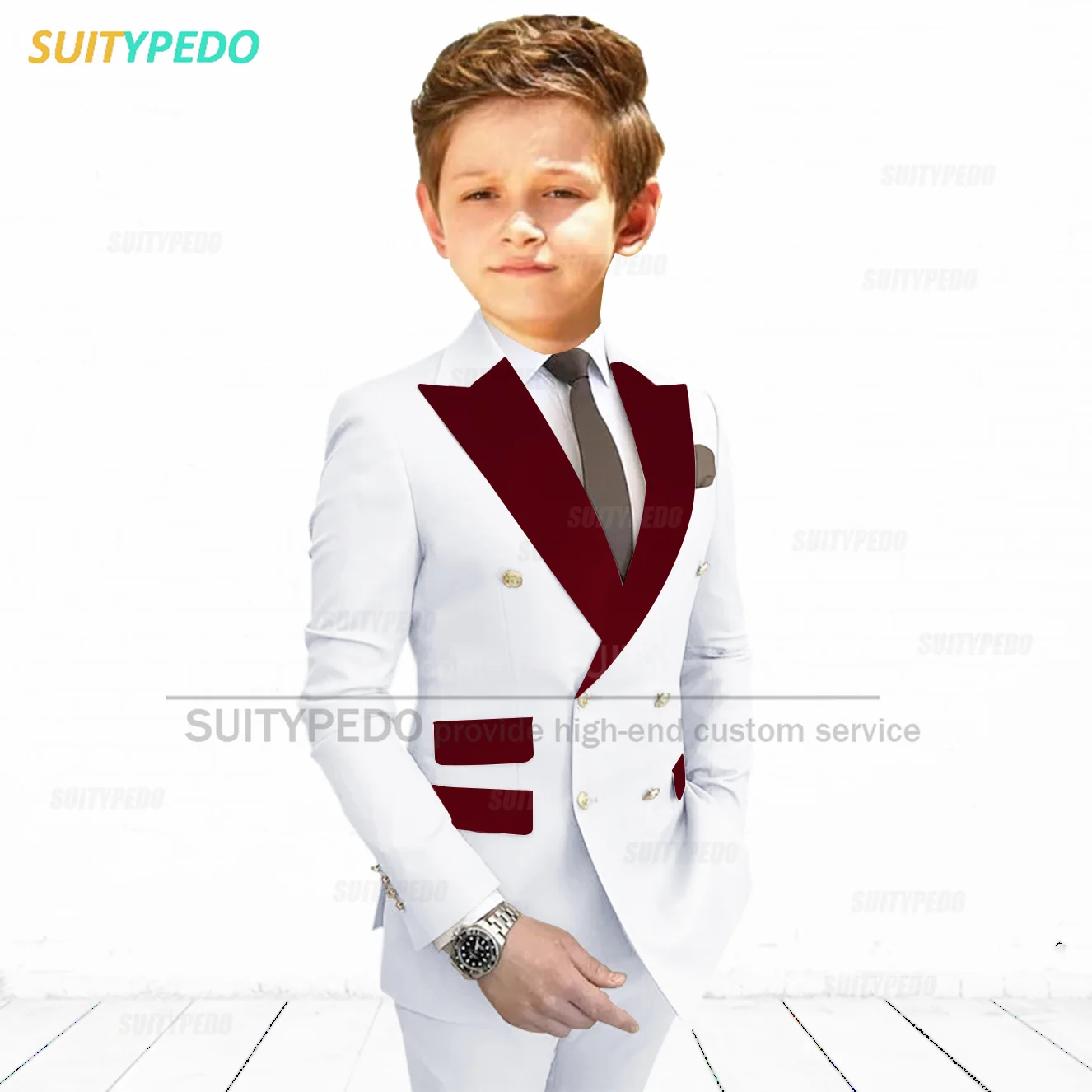 Elegant Burgundy Lapel Suit For Kids Boys Children Party 2 Pieces Blazers Pants Sets Outfit Kids Costume Gentlemen Prom Tuxedos