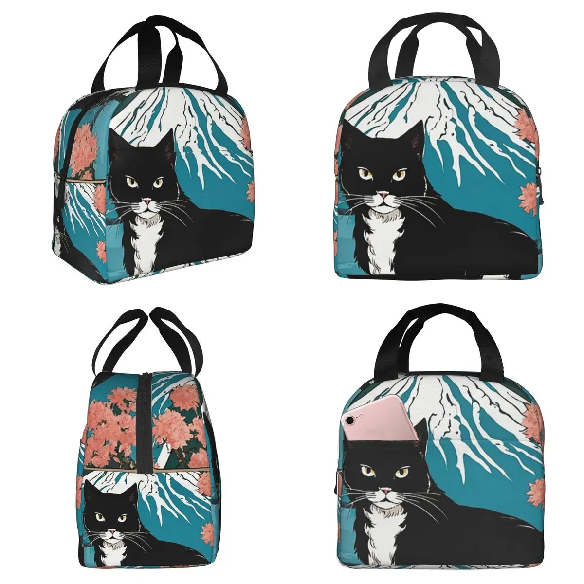 Sakura Mount Fuji And Cat Insulated Lunch Bag for Kids School Cooler Thermal Food Box Tote Portable Lunch Boxes Container