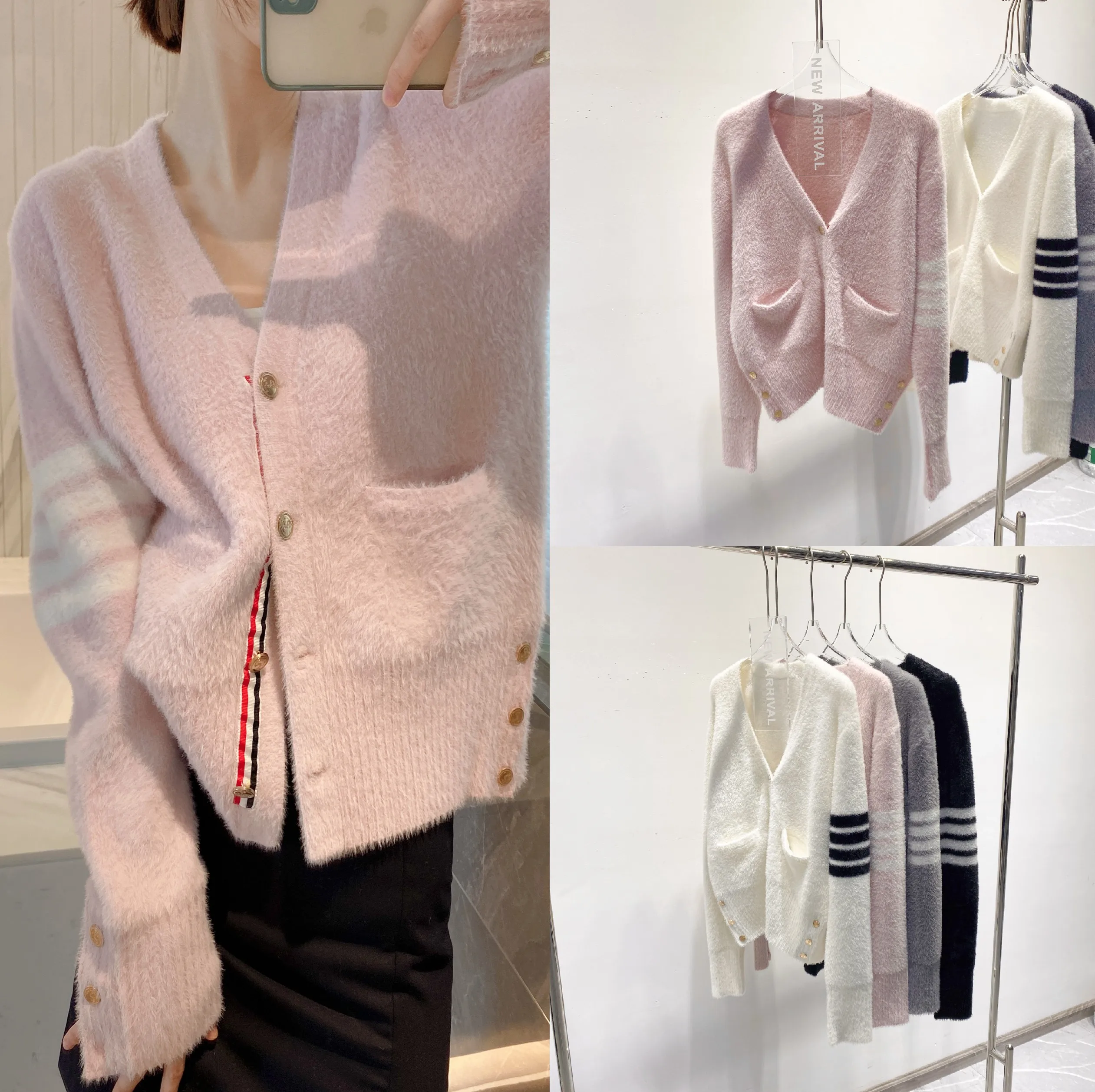 

High-End Version College Sle Pink Four-Bar Plu -Emulating Knitted Long-Sve V-Ne Women's Outerwear Cardigan