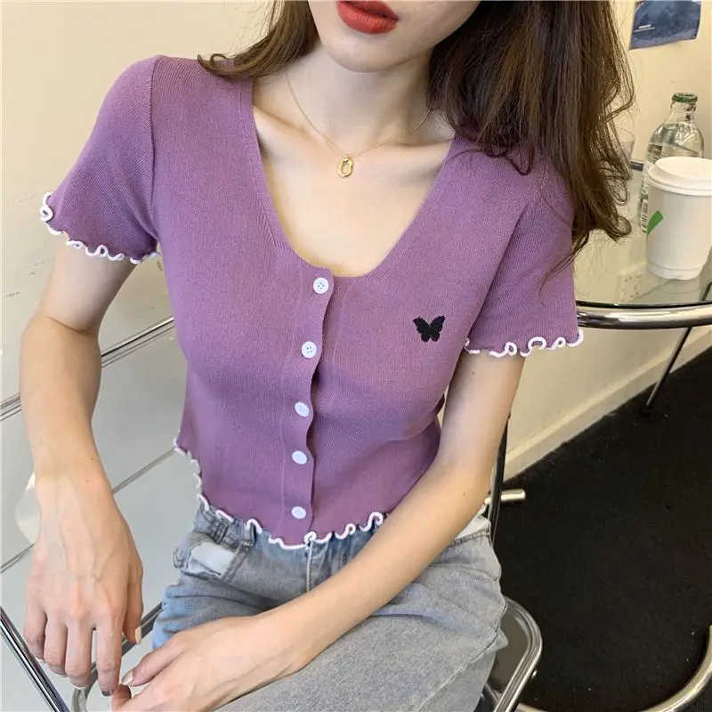 New Simplicity Embroidered O-neck Short Sleeve Crop Top Female Casual Sweet Young Style Top Tee Women Clothes Summer Slim Tops