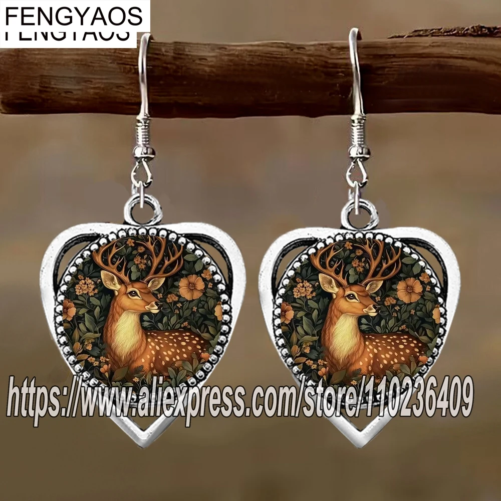 Vintage Floral Animal Drop Earrings for Women Squirrel, Deer, Rabbit, Fox Designs Heart Earring