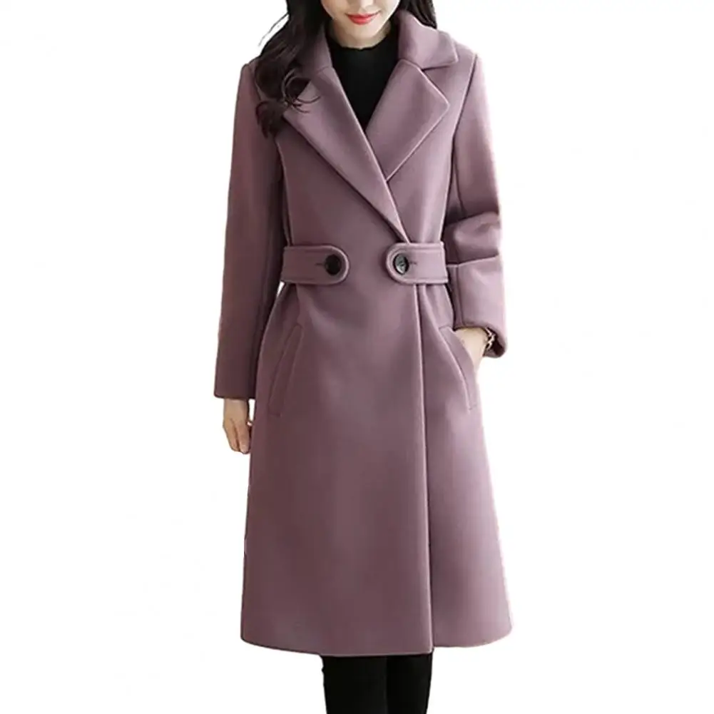 

Polyester Women Jacket Women Overcoat Stylish Women's Mid-length Coat with Belted Button Closure Turn-down Collar for Fall for A