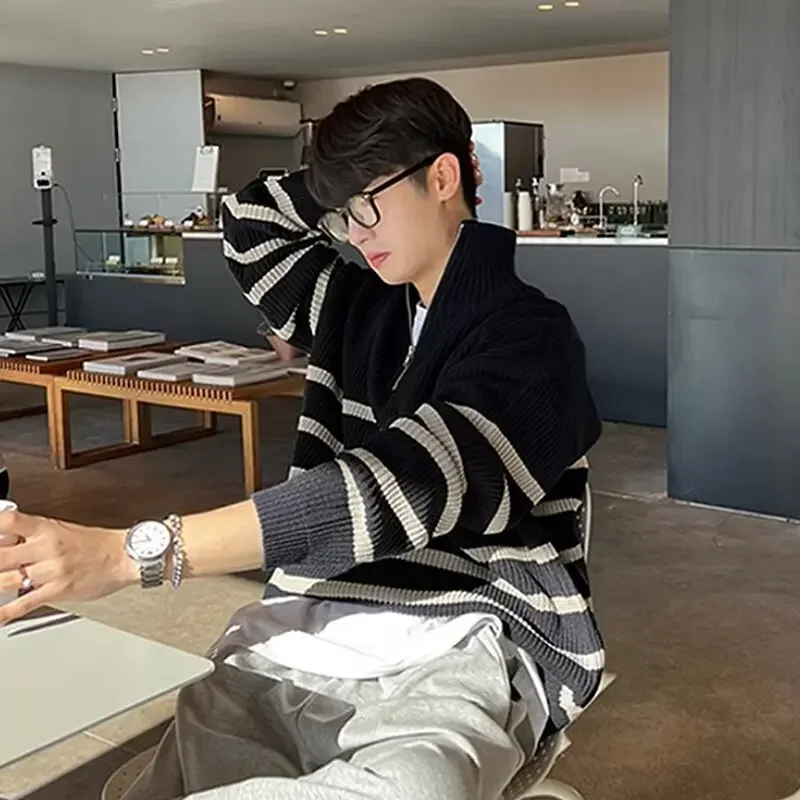 

Men Striped Jumpers Long Sleeve Knitted Sweater Turtleneck Zippers Pullovers Loose Standard Wool Slight Strech High Street Coat