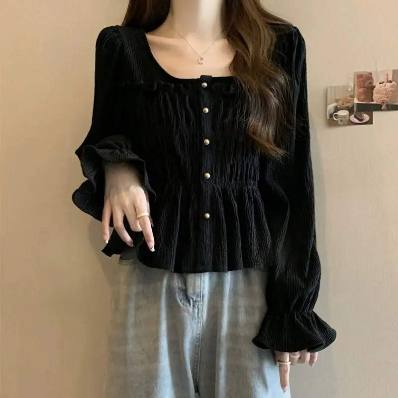 

French Style Vintage Folds Shirt Spring Single-breasted Women's Clothing Elegant Square Collar Fashion Ruffles Blouse JJ80