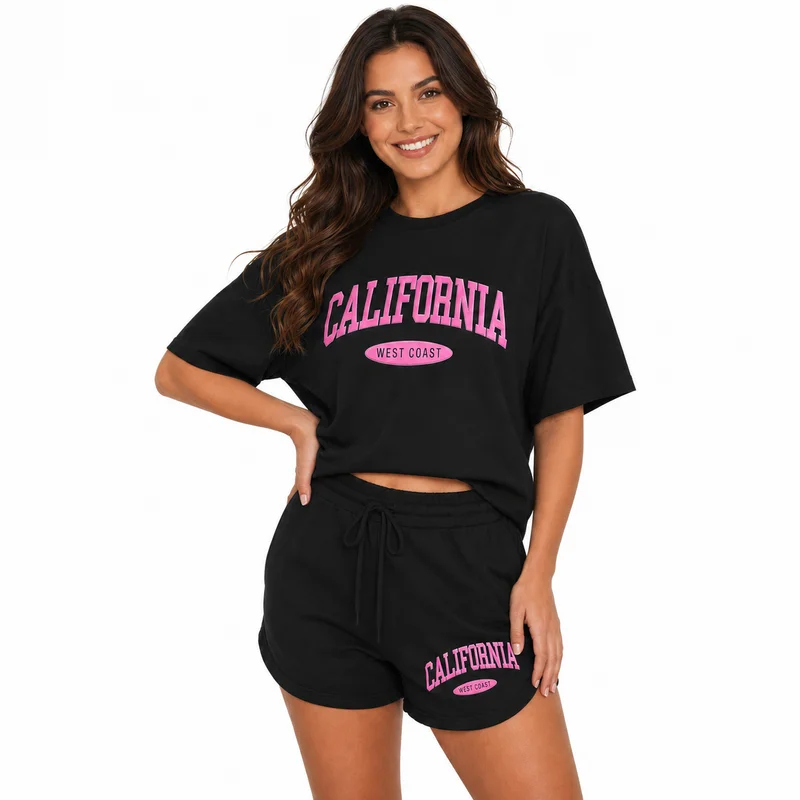 Women’s Casual Graphic Two Piece Shorts Set, Oversized Short Sleeve T Shirt & Drawstring Shorts Lounge Outfit, Summer Comfy Mat