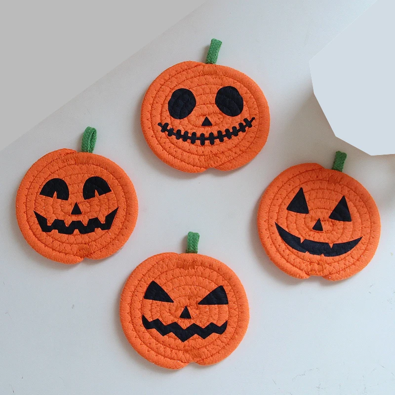 Halloween Woven Pumpkin Cup Coaster Thick Cotton Yarn Rope Woven Heat-insulating Pad Mug Coffee Cup Pad Table Home Decoration