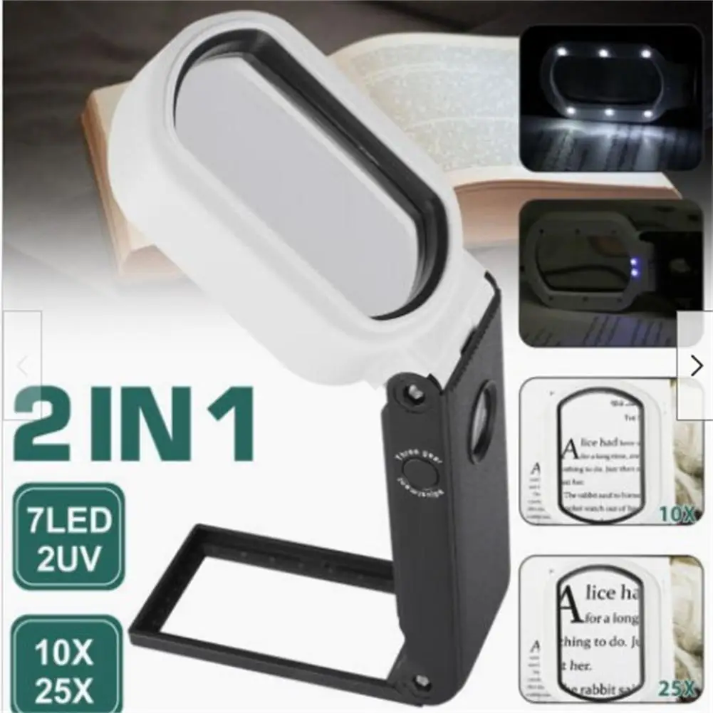 25X 10X Magnifying Glass With 9LED Light UV Lights Foldable Handheld Magnifier With Stand For Seniors Reading Close Work