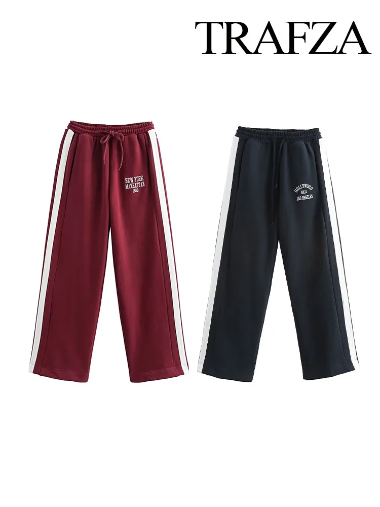 TRAFZA 女性のファッション多用途サイドストライプベルベットパンツ女性通勤スポーツスタイルテキスト装飾カジュアルレースアップパンツ