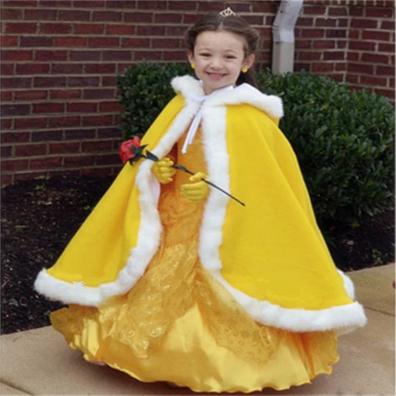 Long Cape for Kids Hooded Wedding Cloak Faux Fur Jacket Winter Kid Outerwear Faux Fur Coat Flower Girl Shawl Children\'s Cloak