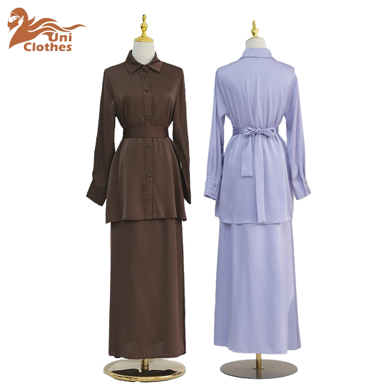 

UNI Muslim Solid Color Abaya 2 Piece Set Tops+Skirt Women Modest Abaya Spring Autumn New Casual Comfortable Dress Dubai Turkey