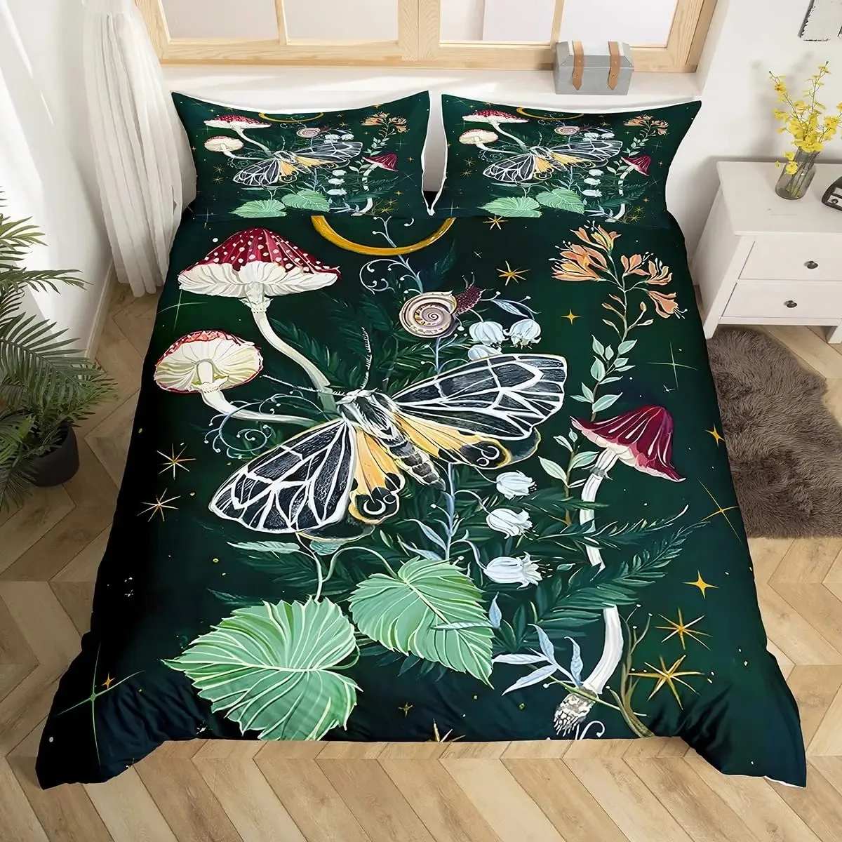 

Mushroom Duvet Cover Set Queen,Golden Moon Stars Bedding Sets,Psychedelic Moth Oil Painting Planet Leaves Flower Comforter Cover