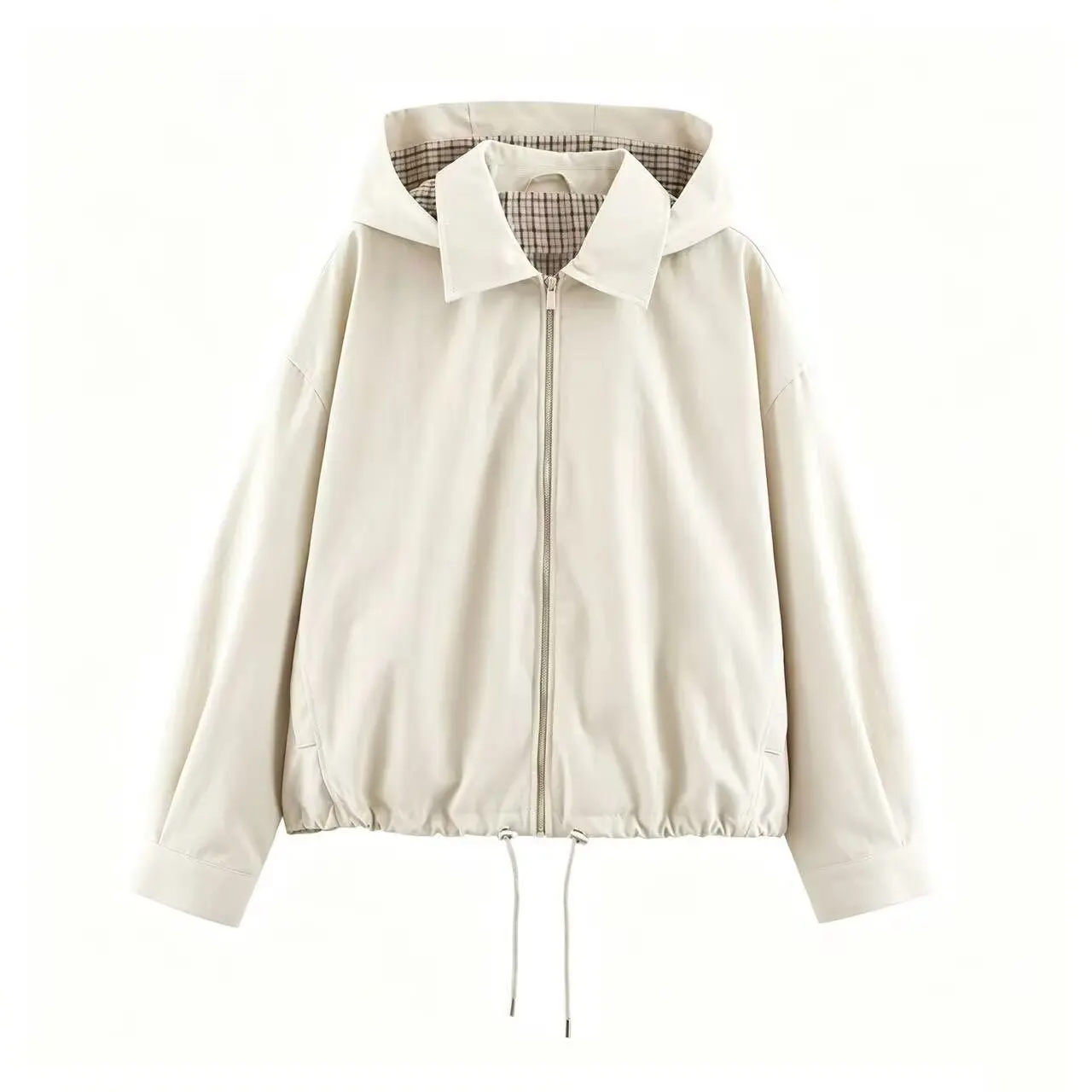 2026 Damen Stilvoller Mantel mit Karo-Futter, Herbstjacke mit abnehmbarer Kapuze, Revers, lockerer Passform, Reißverschluss, Kordelzug am Saum, lässige Streetwear-Oberbekleidung – Detail 3