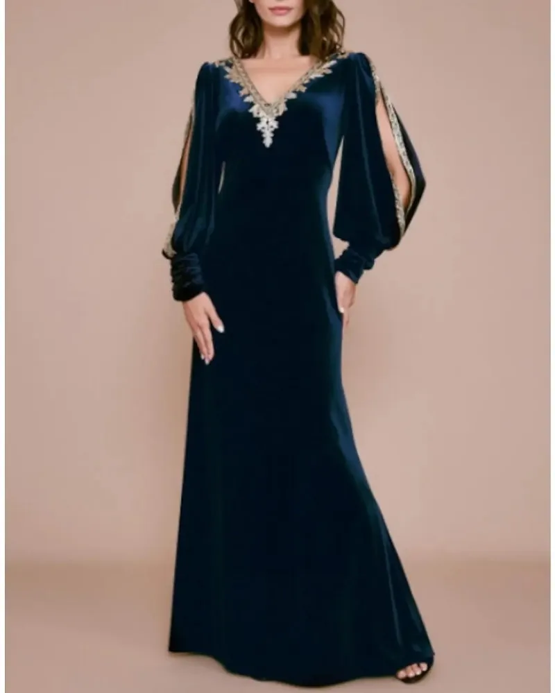 

New Ink Blue Evening Party Dress V-neck Velvet Long Sleeve Appliques Formal Prom Gowns Vestidos Festa Robe De Soiree