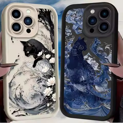 Soft Phone Case For iPhone 16 16E 15 14 13 12 11 Pro Max X XS X S Max XR SE 2020 SE4 7 8 Art Splash-ink Cat Shockproof Cover