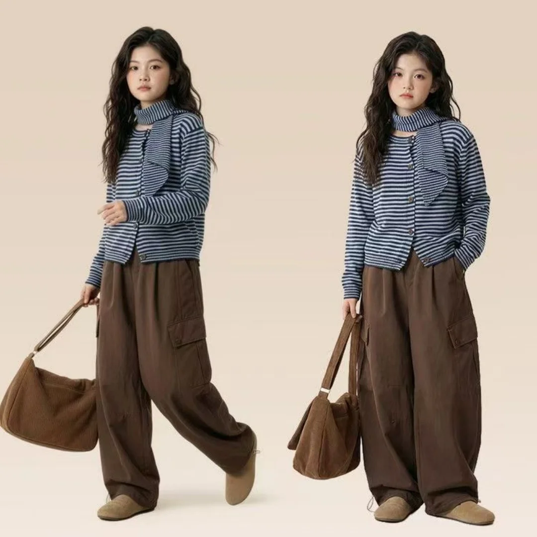New Arrival Loose and Versatile Casual Knit Sweater Set for Girls Blue Striped Scarf with Age-Defying and Slimming Effect