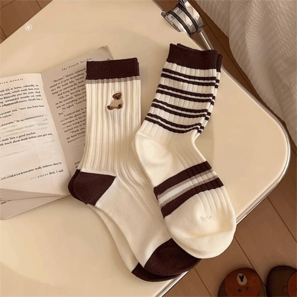 الرجعية القطن جوارب مخططة طبقة مزدوجة محبوك سلس الجوارب النمط الياباني سميكة مترهل الجوارب للنساء الفتيات