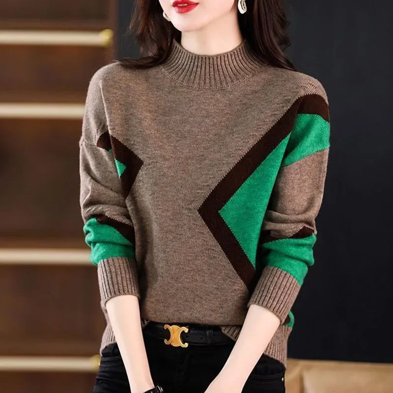 

Korean Fashion Vintage Knitted Sweaters Autumn Winter Mock Neck Long Sleeve Panelled Pullovers Women Clothing Loose Casual Tops