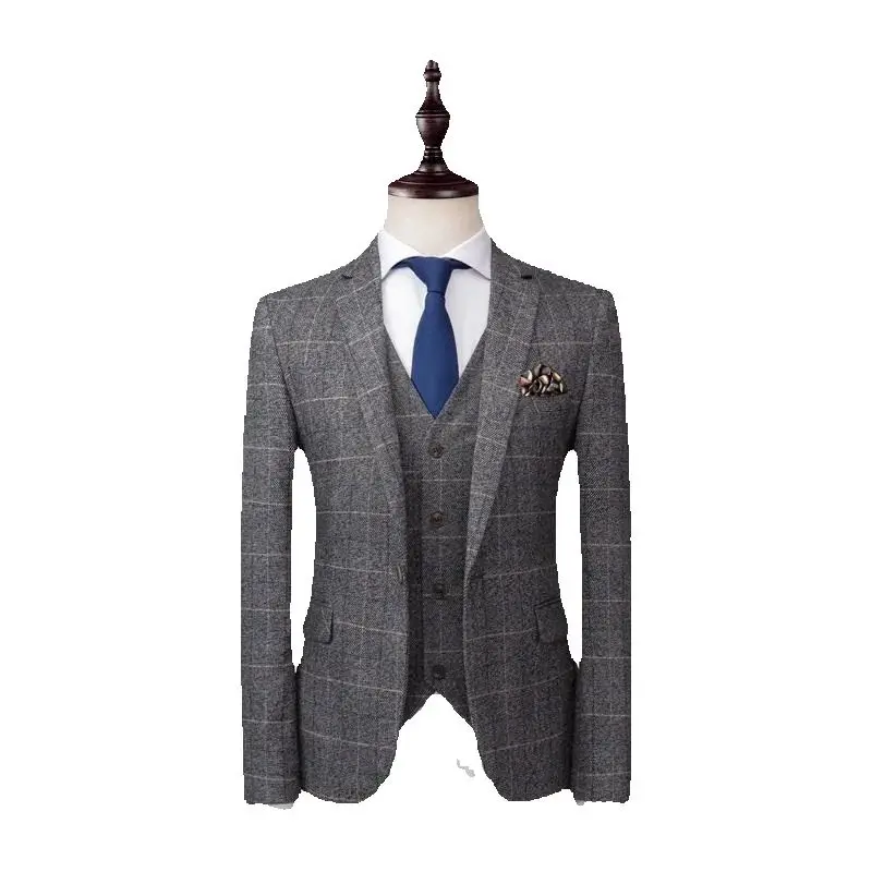 Trajes grises para hombre, trajes a cuadros de lana de Tweed, esmoquin de novio de corte Regular, esmoquin de boda a cuadros hecho a medida, vestido Formal