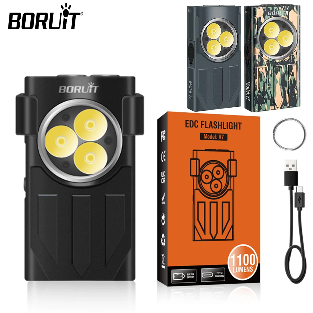 BORUiT V7 EDC LED Flashlight Keychain 1100LM Torch USB-C Rechargeable Lamp UV Light Waterproof Work Camping Lantern With Magnet