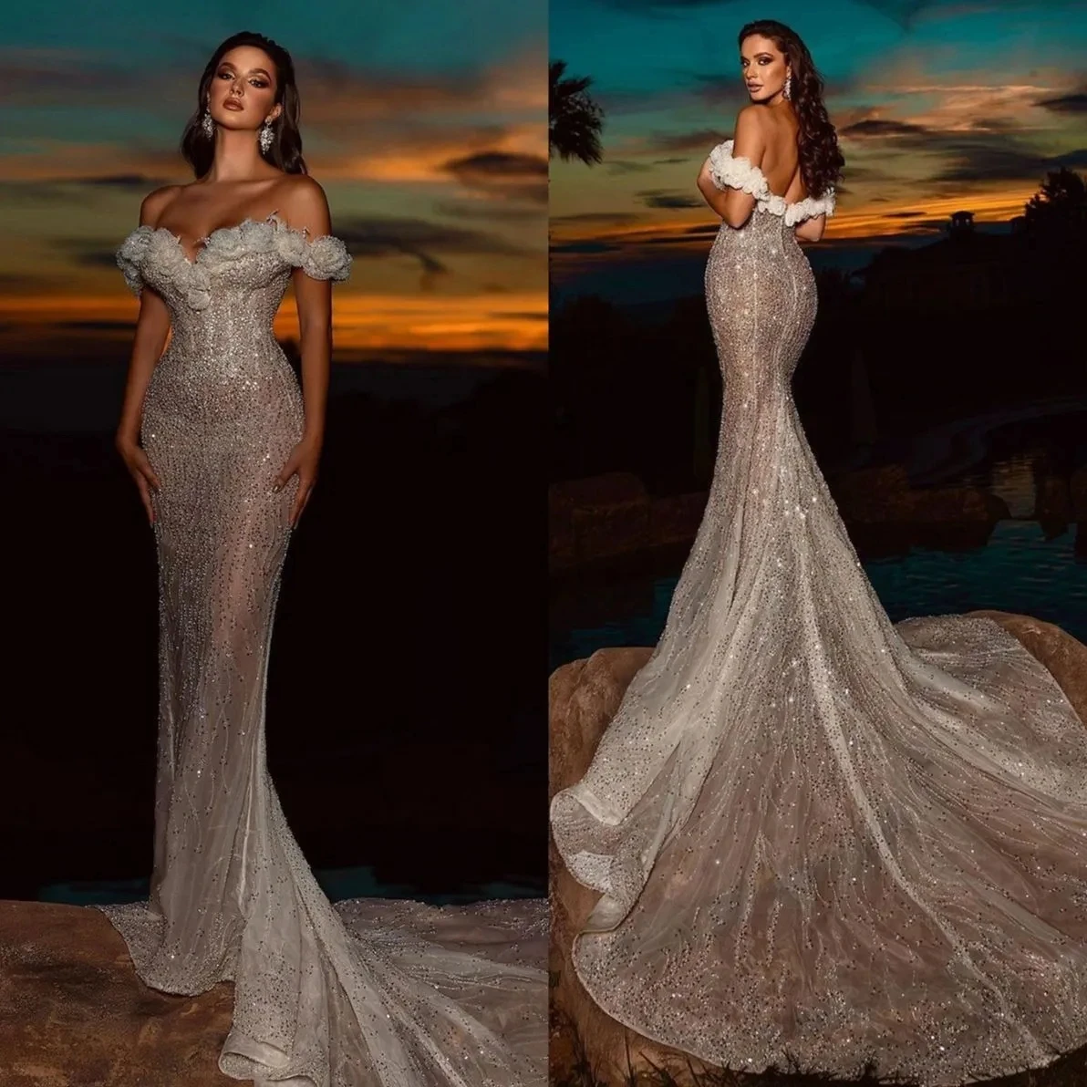 

Exquisite Beading Mermaid Wedding Dresses Vintage Off Shoulder Glitter Pearls Bridal Gowns Custom Made Vestido De Novia