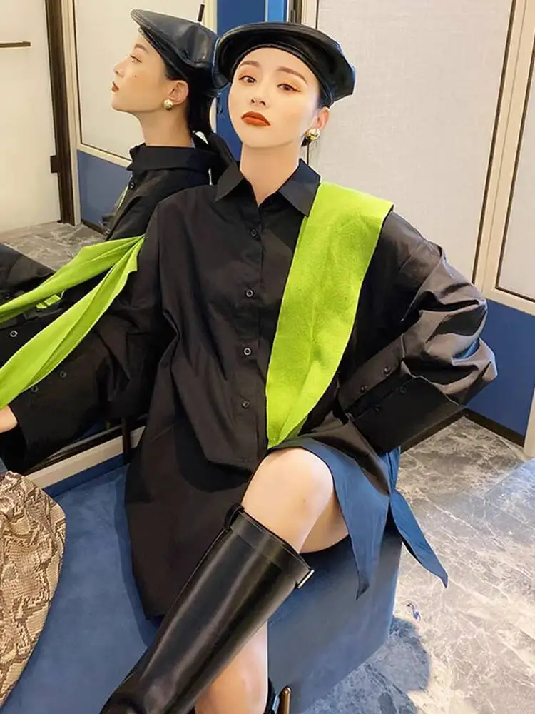 WHTREND قميص أزرق للنساء أنيق BF نمط فضفاض كبير الحجم كم طويل تصميم قمصان متوسطة الطول WH1696 #3