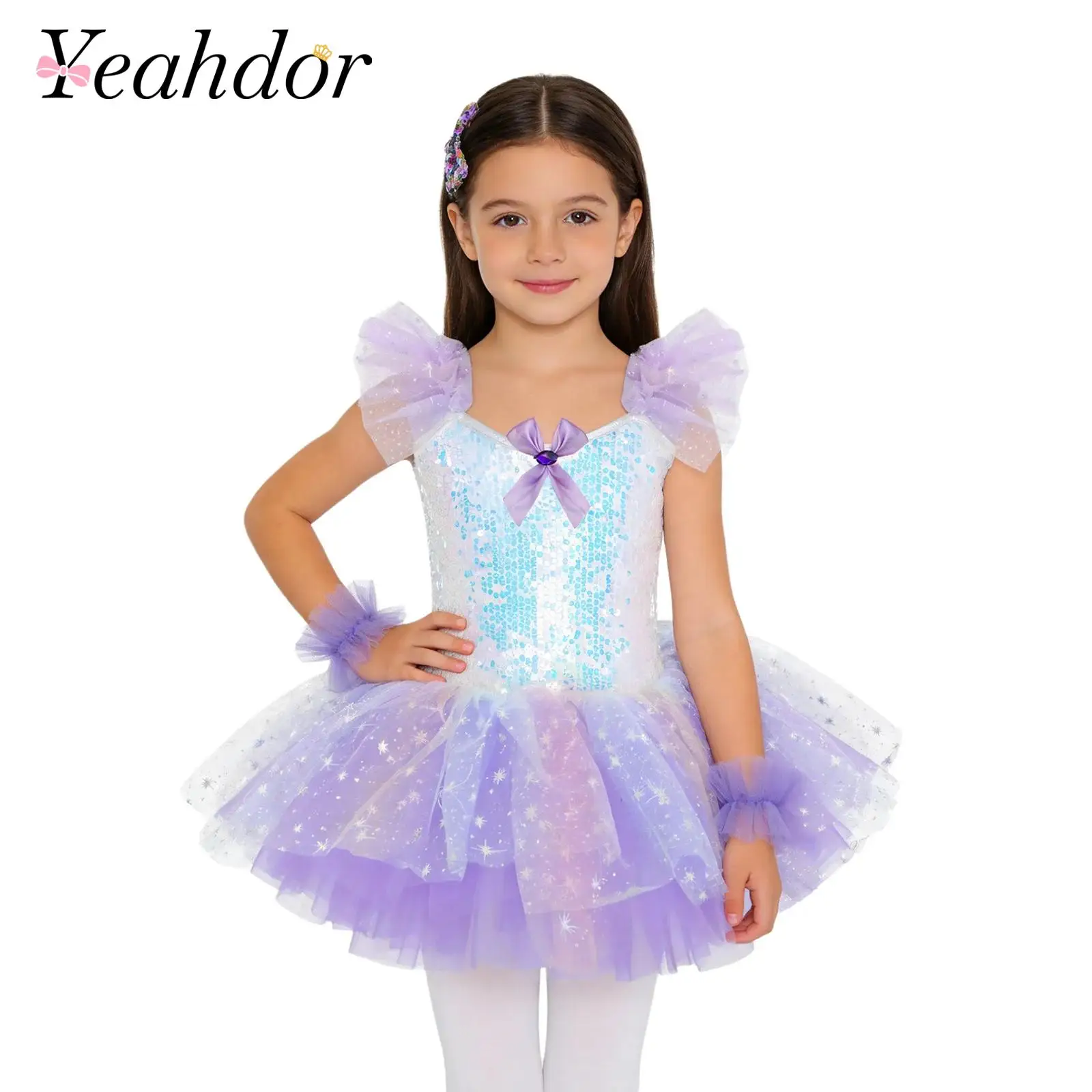 キッズガールズバレエジャズダンスドレスパフォーマンスドレスバレリーナコスチュームスパークリングスパンコールチュールチュチュドレスとヘッドウェアセット