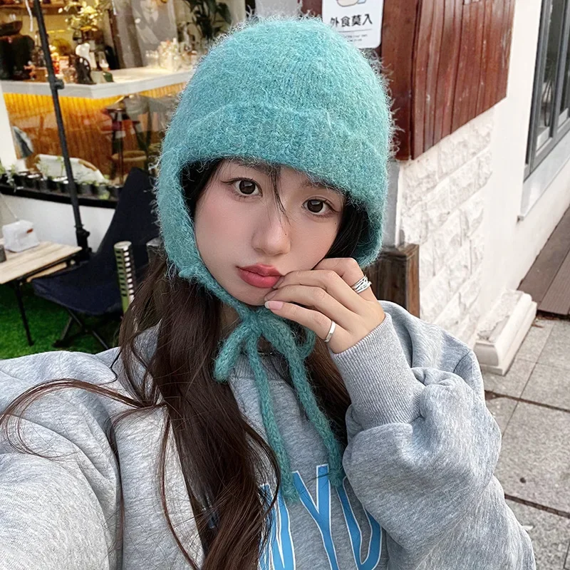 

New Wool-blended Ear Protection Beanies Cap for Women Autumn and Winter Casual Warmth Retro Olive Green Strap Pullover Hats