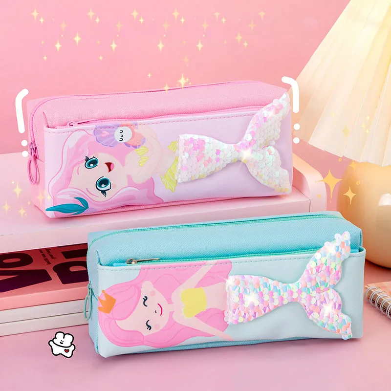 Estuche de lápices de sirena para niñas, Estuche Escolar, suministros escolares, Estuche de lápices de lentejuelas, papelería Kawaii