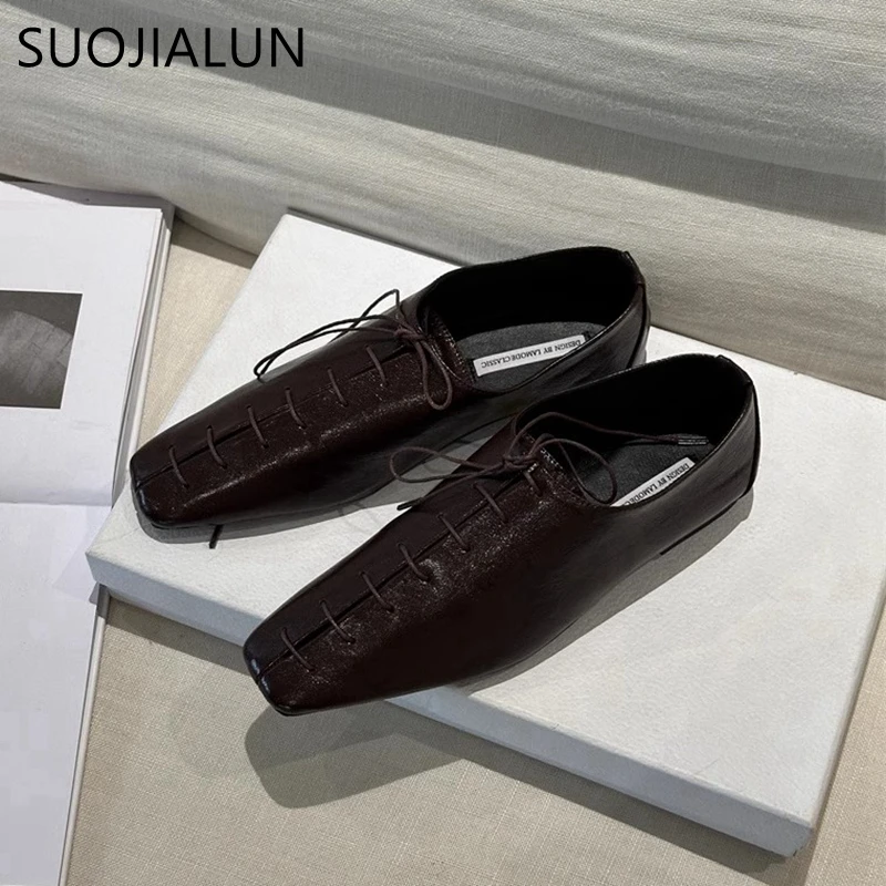 SUOJIALUN 2024 Spring New Women Flat Shoes Fashion Square Toe Lace Up Ladies Casual Laofer Shoes Soft Flat Heel Dress Single Sho