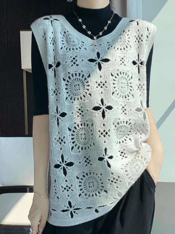 

Вязаный крючком жилет ручной работы из шерсти с круглым вырезом для женщин, мягкий, свободный крой, теплый, для повседневной носки