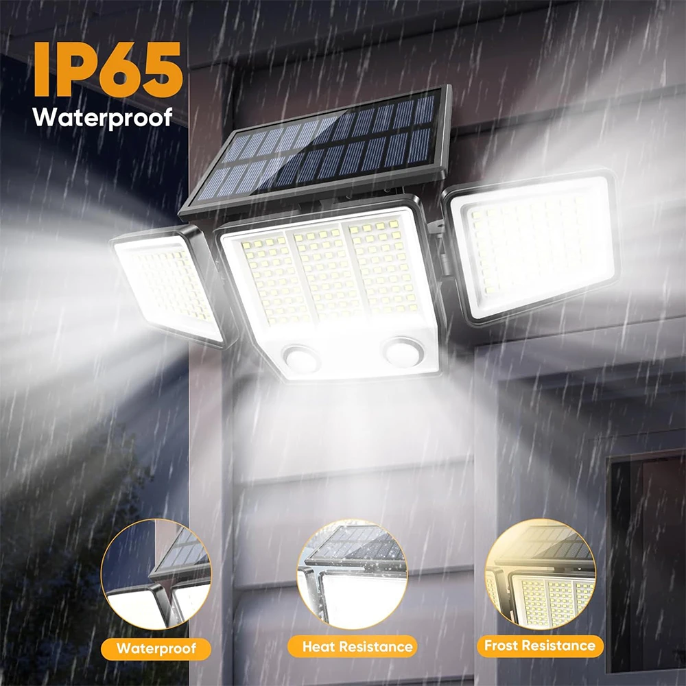 Solar Lights Outdoor 236 LED Motion Sensor Outdoor Light 3Heads IP65 Waterproof Solar Flood Security Lights for Garden Yard Path