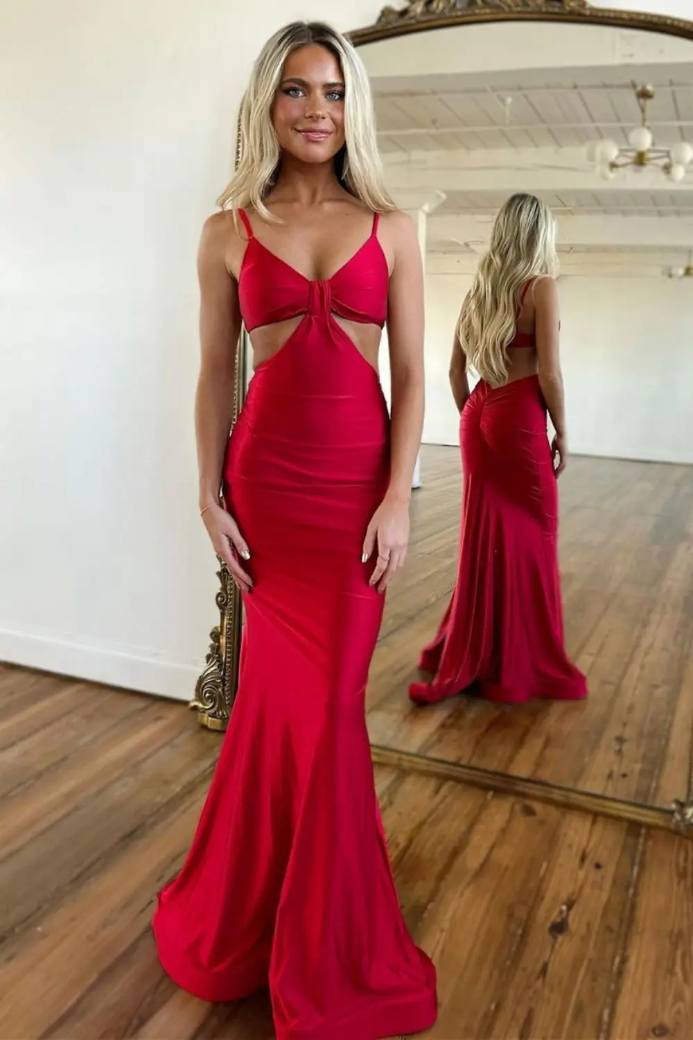 Vestido longo sereia cetim baile, cintas de espaguete, Elegante, Vermelho, 2024