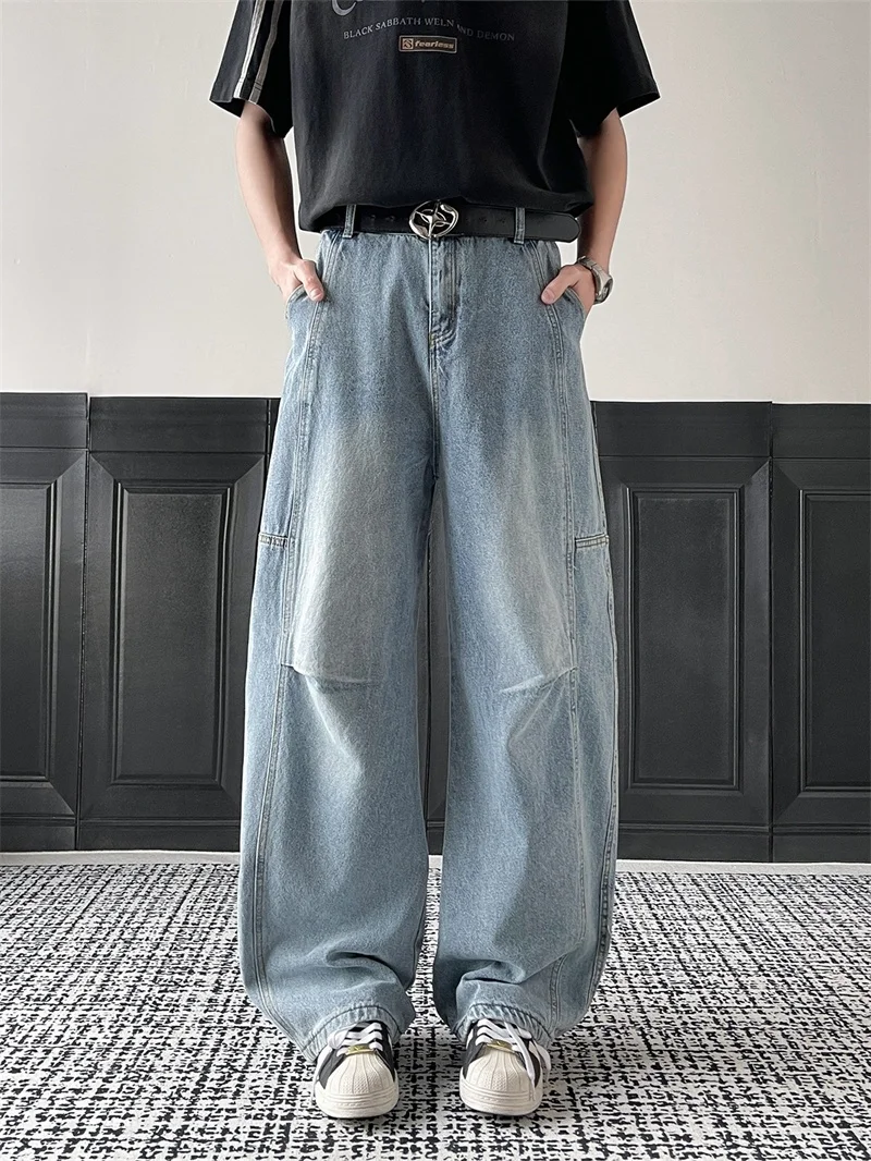 

Washed Blue Men's Jeans Straight Leg Loose Fit Winter Fashion Brand Versatile Wide Leg Long Pants American High Street Style