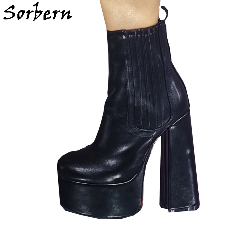 Sorbern Black Matt Seam Side Boots Women Ankle High Short Booties Block High Heel Chunky Heeled Visible Platform Shoes Custom