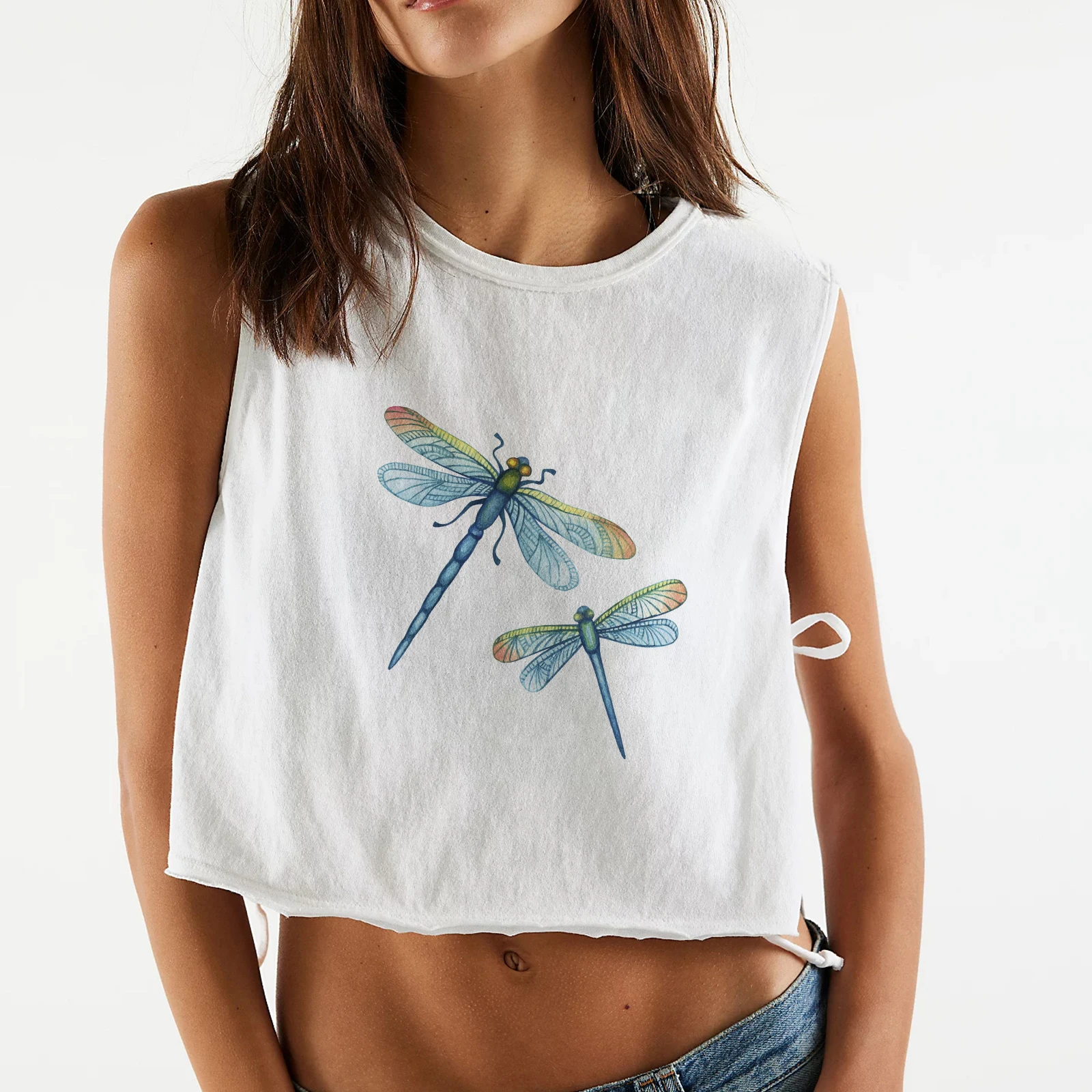 Y2K White Women's Vest Sleeveless Sexy Crop Top Simple And Chic Round Neck Dragonfly Printed Women's Dress In Summer Y2k