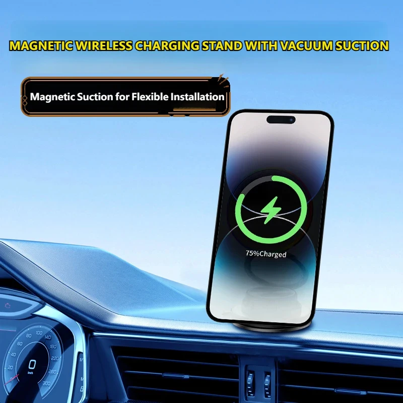 15W Vacuum Suction Magnetic Wireless Car Charger Mount for Dashboard, Fast Qi Charging Phone Holder Stand for All Smartphones