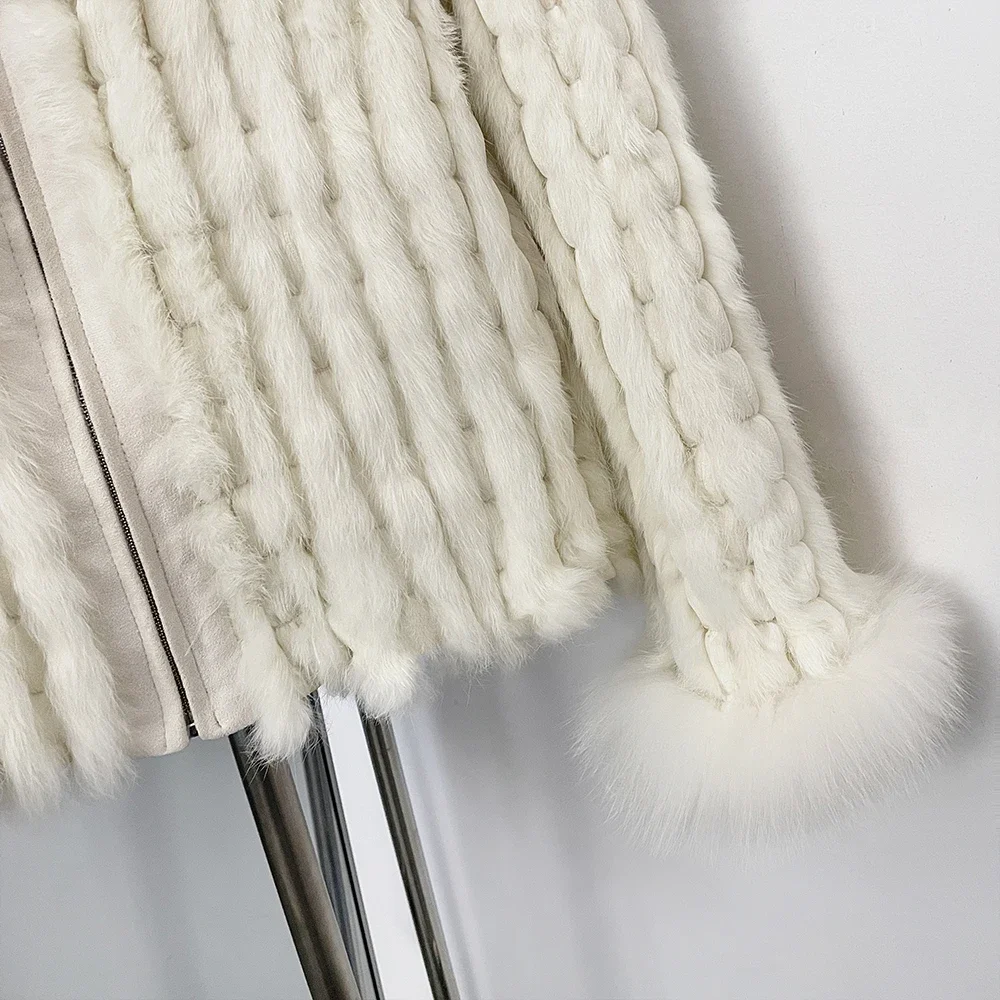 OFTBUY Mantel aus Naturfell mit Reißverschluss und Stehkragen, Damen, wendbar, aus echtem Kaninchenfell, kurze Jacke, neuer Wintermantel, Oberbekleidung. – Detail 9
