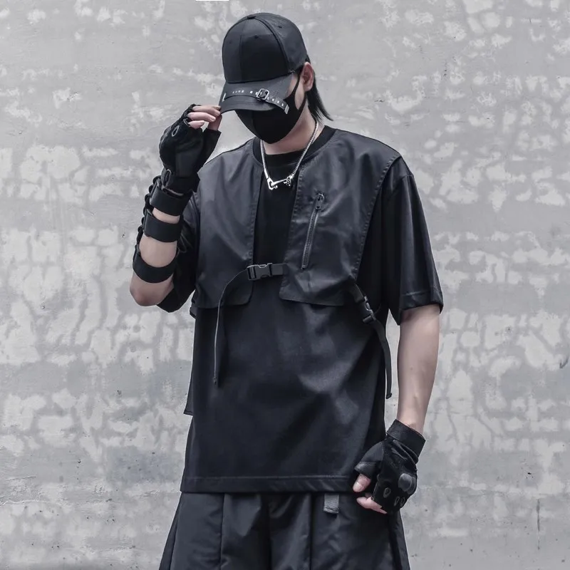 Techwear-男性用タクティカルパッチワークTシャツ,機能的な夏のストリートウェア,原宿,黒のTシャツ2023