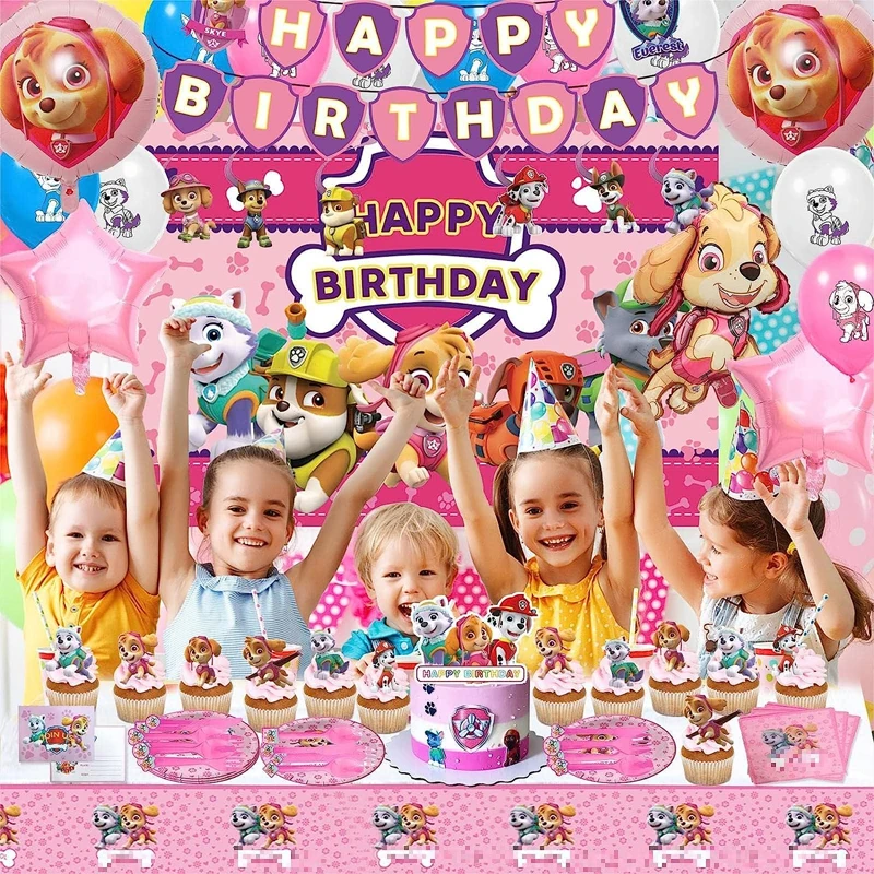 Skye Birthday Decoration Pink PAW Patrol Cartoon Party Supplies Kids Baby Shower Supplies Plates Balloons Tableware Free Shippin