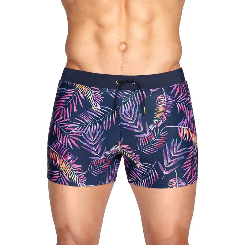 

Swimwear Men Swimsuits Leaf Print Swim Boxer Briefs Surf Trunks Beach Shorts Quick Dry Bathing Suits with Pockets