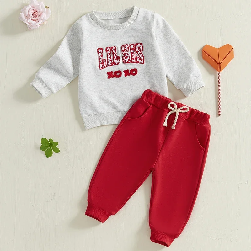 Toddler Baby Girl Valentines Day Outfits  Letter Embroidery Long Sleeve Sweatshirt Solid Pants Newborn Clothes Set