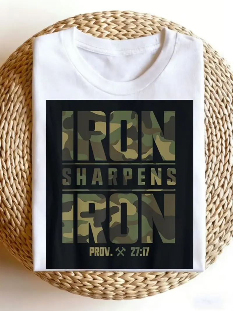 Men's Camouflage Workout T-Shirt With The Saying Iron Sharpens Iron Crafted From 100% 220G Fabric In Black Round Neck Gift