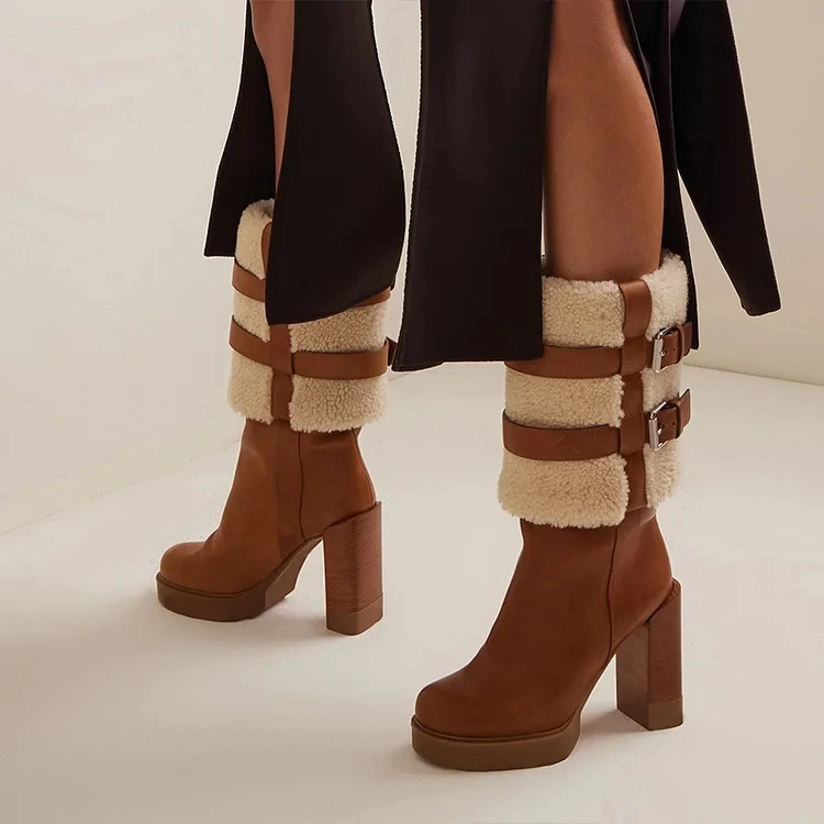 

Brown Platform Suede Boots Round Toe Lambswool Chunky Heel Buckle Strap Thin High Heel Mid-Calf Women Slip On Booties