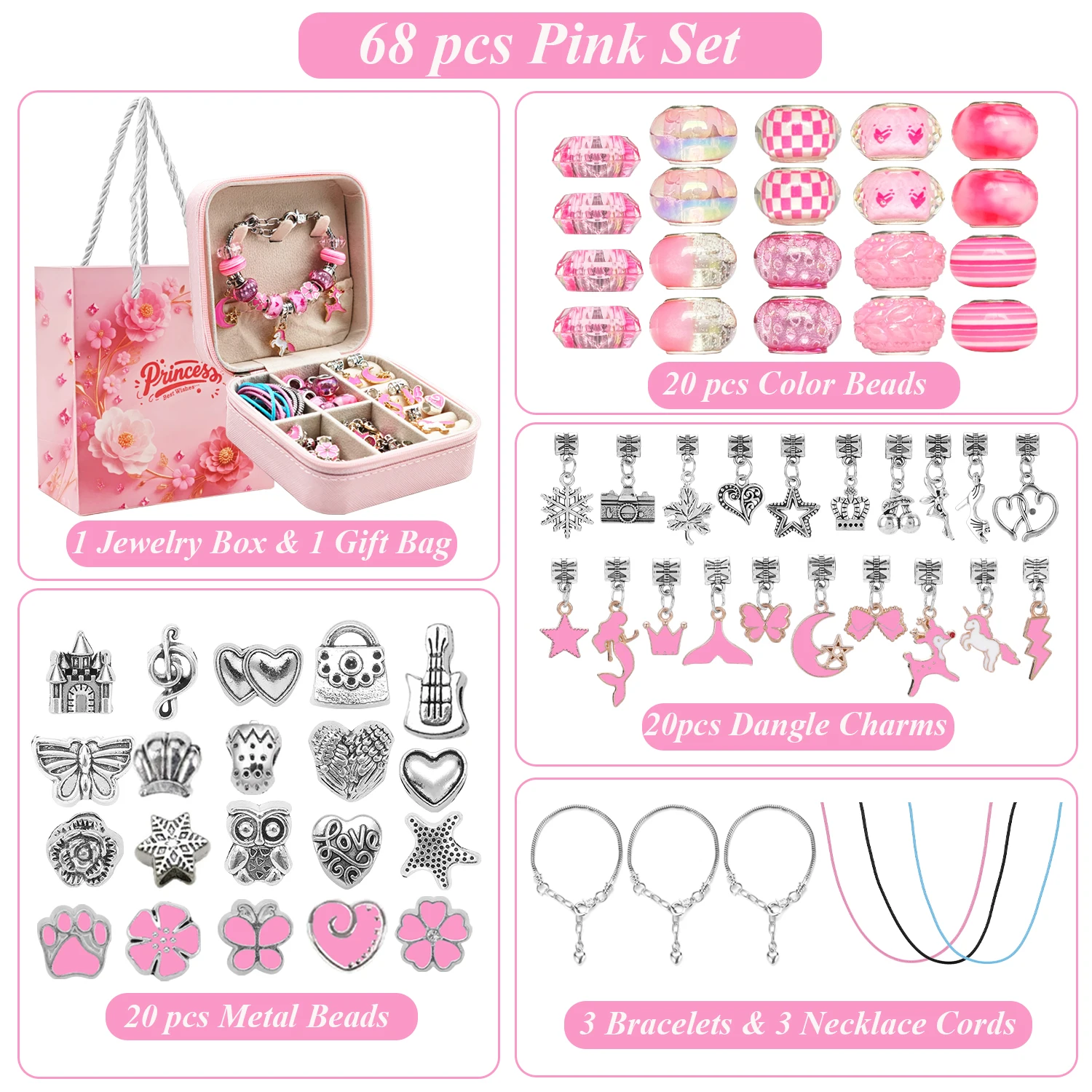 طقم مجوهرات مطرز بالخرز الوردي مكون من 68 قطعة، طقم صنع سوار ساحر مع صندوق مجوهرات وردي، لعيد الميلاد والكريسماس ومجوهرات السنة الصينية الجديدة