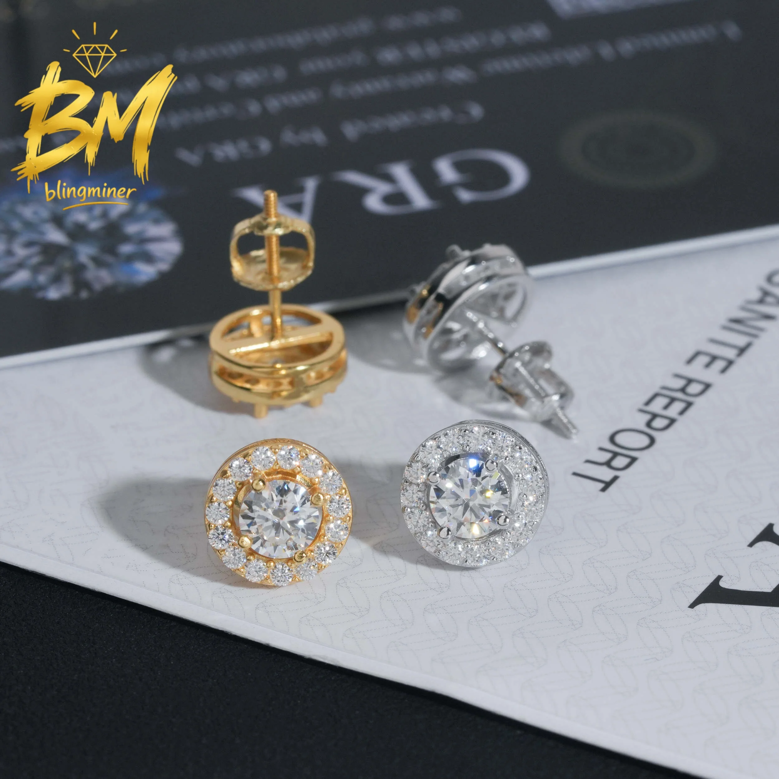 Blingminer  S925 Silver 9.5mm Round VVS Moissanite Earrings For Men Women Ear Studs Jewelry Pass Diamonds Tester GRA Free Shippi