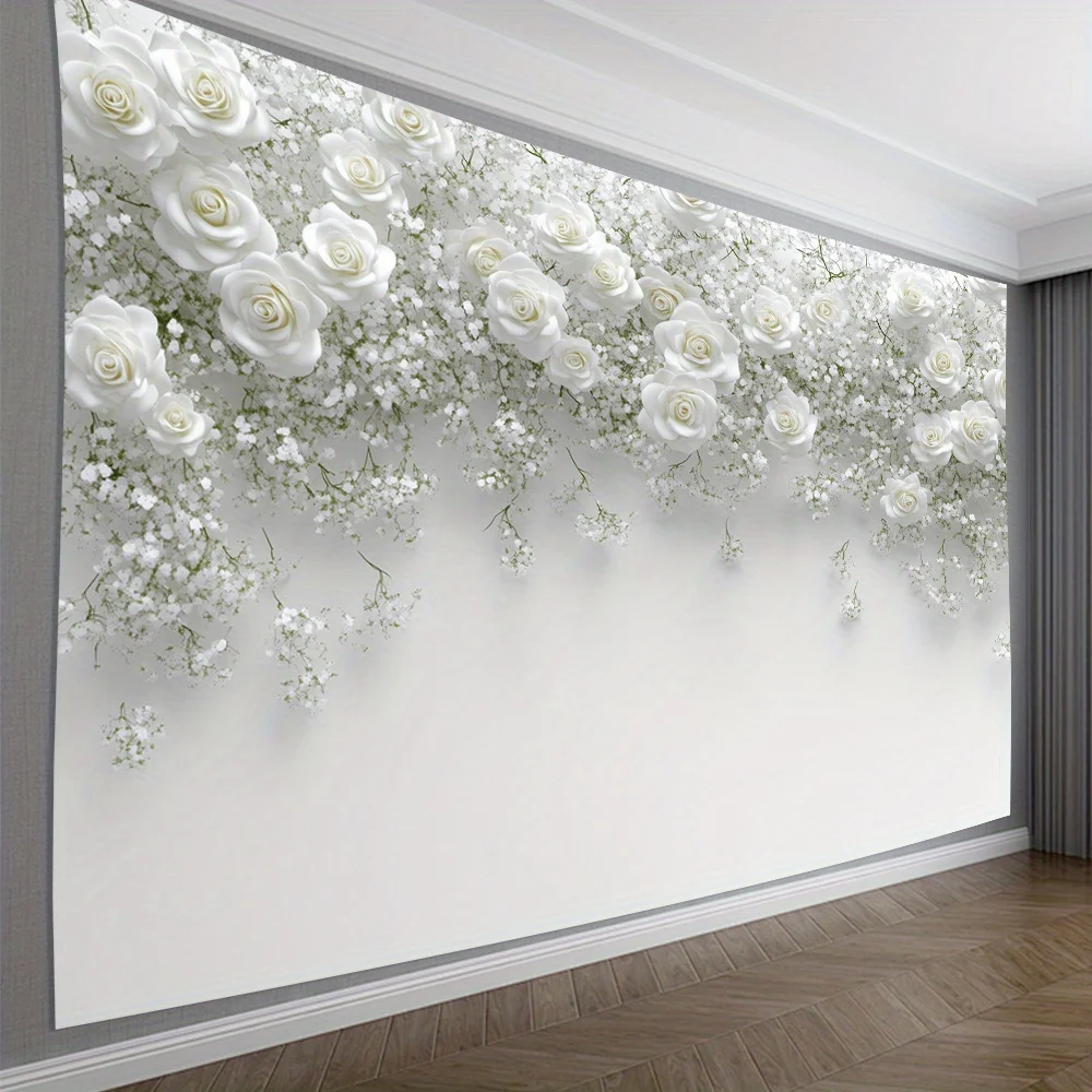Elegant pure white rose and floral wall backdrop-luxury polyester decorative tapestry for living room, bedroom party