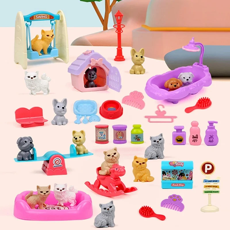 Zabawki dla dzieci, domek dla zwierząt, małe urocze pieski i kotki, lalki, huśtawki łazienkowe, symulowane karmienie, domek dla kota i psa.