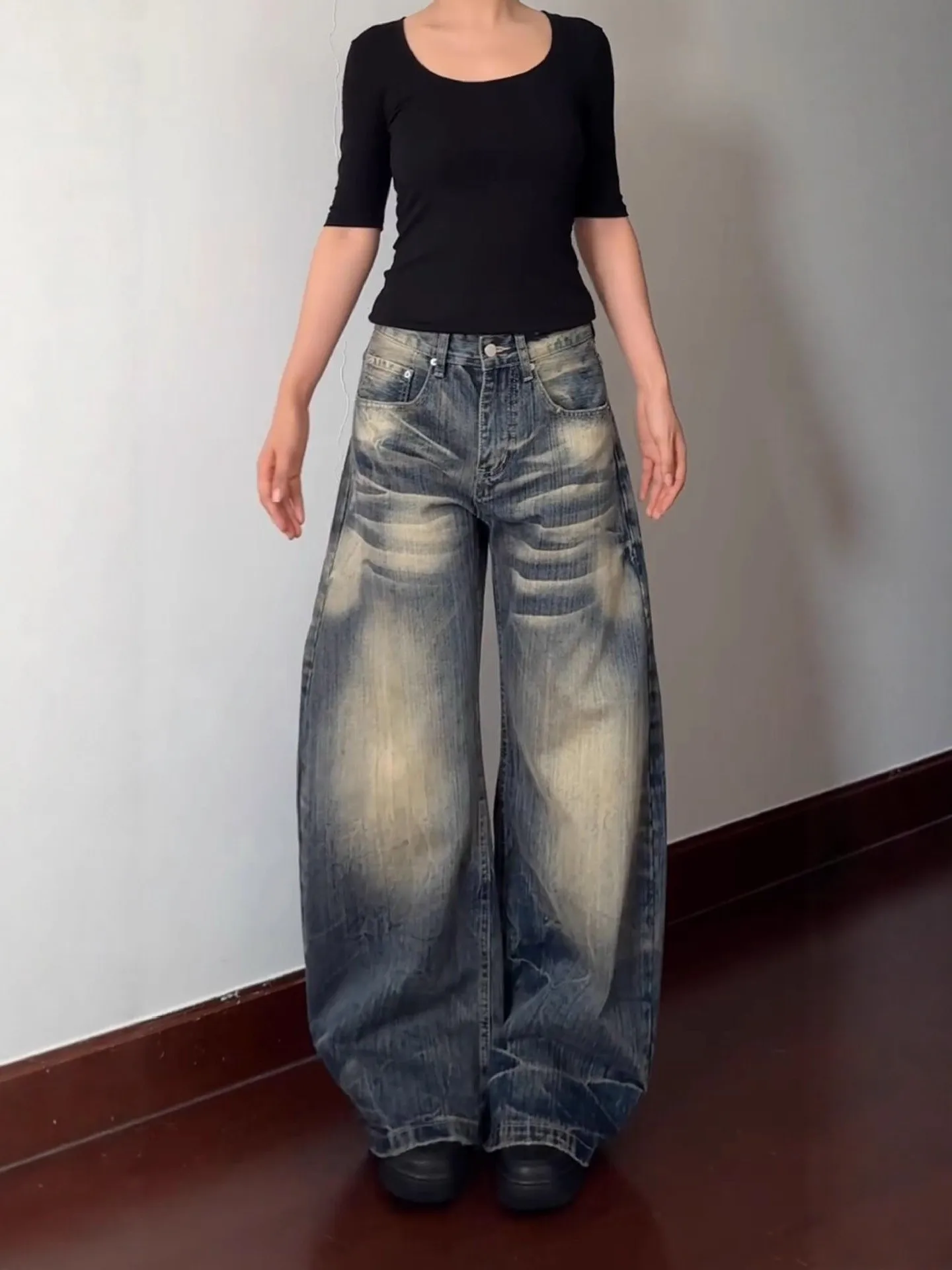 

Washed Casual Wide Leg Jeans Women's plus Size Loose Fit High Waist Denim Pants Vintage Design Comfortable Everyday Trousers