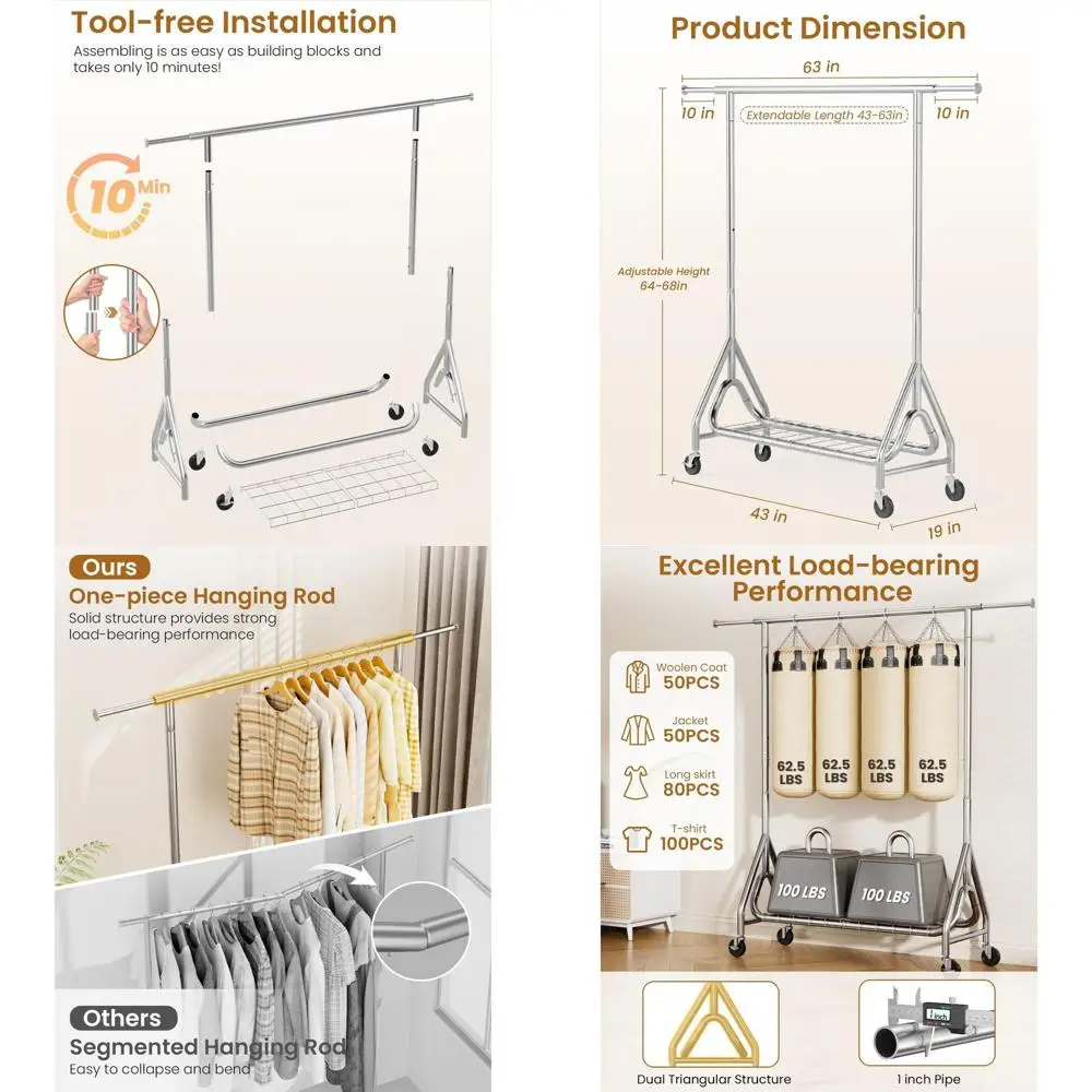 Sturdy Metal Hanging Clothes Rack, 450 lbs Capacity, Rolling with Lockable Wheels, Silver